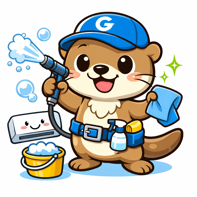 高圧洗浄機でエアコンを洗浄するGRSマスコットキャラクター