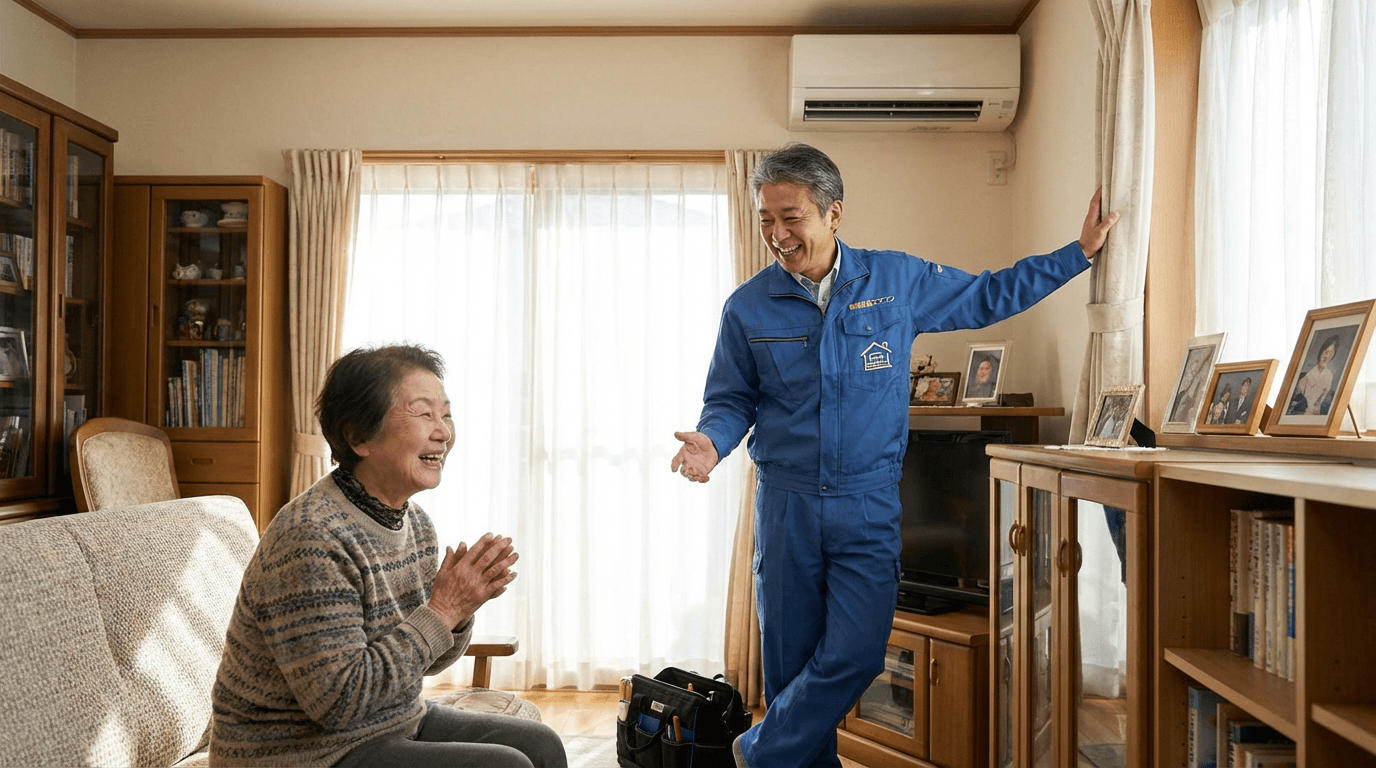 清潔な青い作業着の技術員が、府中市のお客様宅のリビングで壁掛けエアコン点検後に笑顔で会話し、ご高齢の女性が感謝の表情を見せている様子