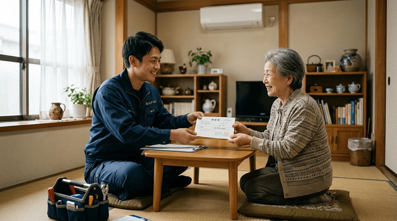 作業を終えた若い日本人のエアコン技術員が、お客様のリビングで見積もりどおりの最終伝票を笑顔で手渡し、ご高齢の女性が安堵と信頼の表情で説明を聞いている様子